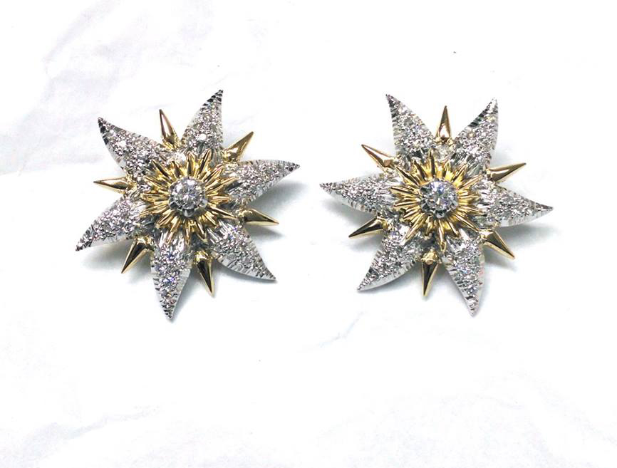 Two-tone 18k gold and diamond star earrings